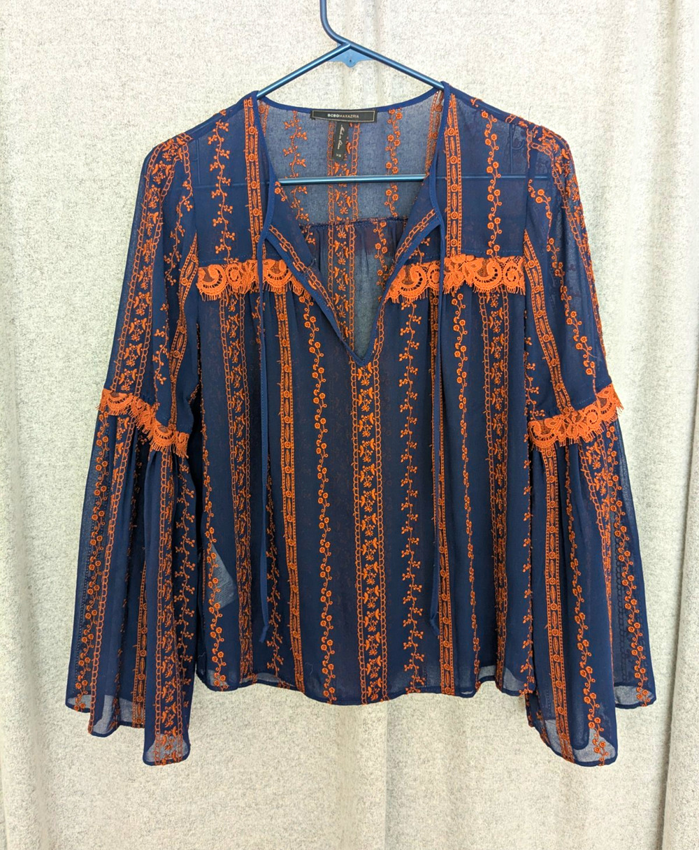 BCBGMAXAZRIA Blue brown Floral Chiffon Sheer V-Neck Bell Sleeve Blouse XS